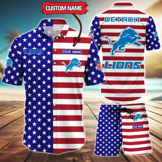 ELITE EDITION  - NEW CUSTOMIZED NFL04 DTL DETROIT LIONS UNISEX INDEPENDENCE DAY HAWAIIAN SHIRT & SHORTS SET
