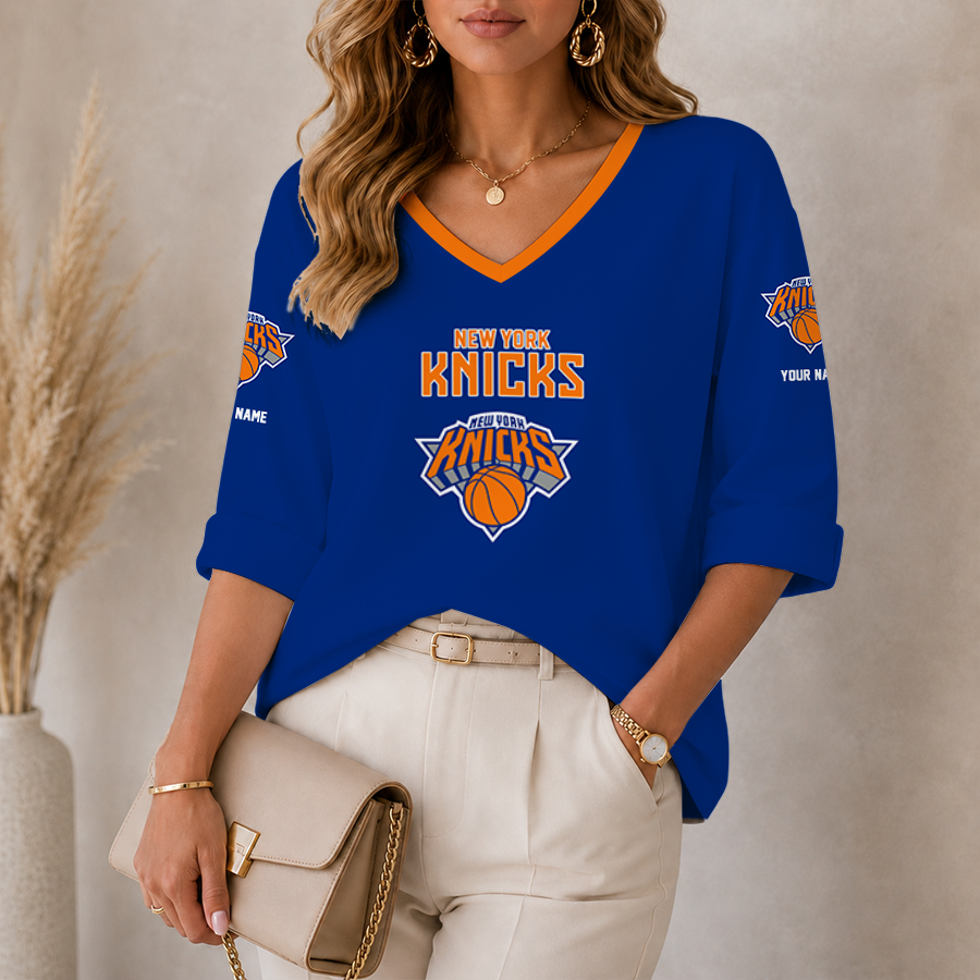[HOT DEAL] NEW CUSTOMIZED NBA04 NYK NEW YORK KNICKS WOMEN'S HEART V-NECK LONG SLEEVE SHIRT