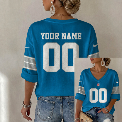 ELITE EDITION - NEW CUSTOMIZED NFL04 DTL DETROIT LIONS WOMEN'S HEART V-NECK LONG SLEEVE SHIRT