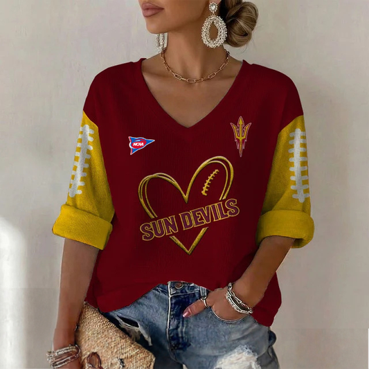 ELITE EDITION - NEW CUSTOMIZED NCAA FBS04 ASS ARIZONA STATE SUN DEVILS WOMEN'S HEART V-NECK LONG SLEEVE SHIRT