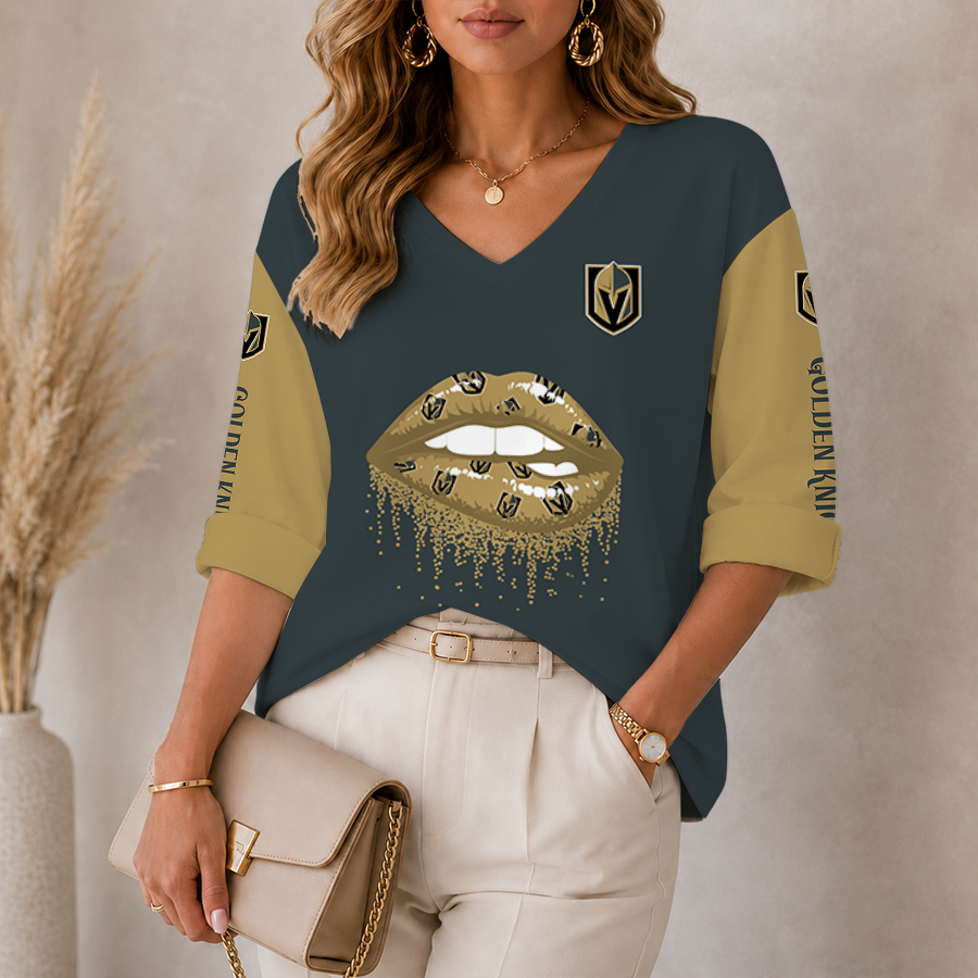 [SUPER SALE] NEW CUSTOMIZED NHL04 VGK VEGAS GOLDEN KNIGHTS WOMEN'S HEART V-NECK LONG SLEEVE SHIRT