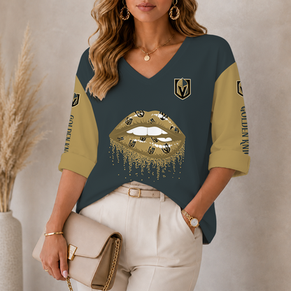 [SUPER SALE] NEW CUSTOMIZED NHL04 VGK VEGAS GOLDEN KNIGHTS WOMEN'S HEART V-NECK LONG SLEEVE SHIRT