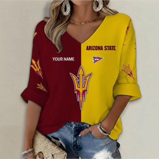 ELITE EDITION - NEW CUSTOMIZED NCAA FBS04 ASS ARIZONA STATE SUN DEVILS WOMEN'S HEART V-NECK LONG SLEEVE SHIRT