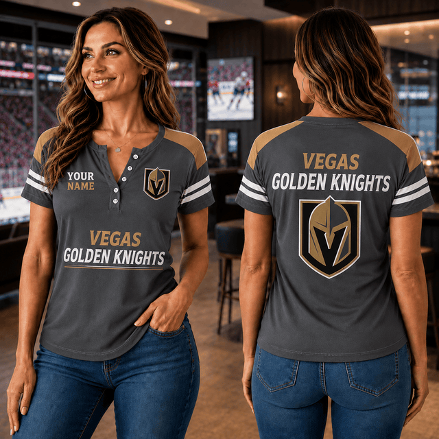 SPECIAL EDITION - NEW CUSTOMIZED NHL04 VGK VEGAS GOLDEN KNIGHTS WOMEN'S SHORT SLEEVE HENLEY T-SHIRT