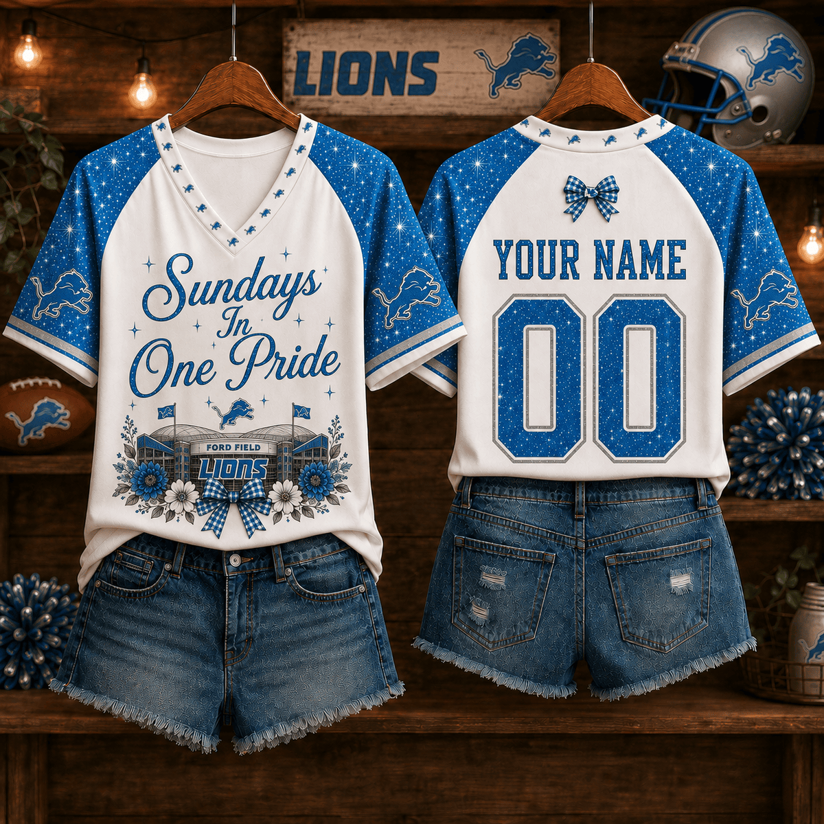 EXCLUSIVE EDITION - NEW CUSTOMIZED NFL04 DTL DETROIT LIONS V-NECK FEMALE SHIRT