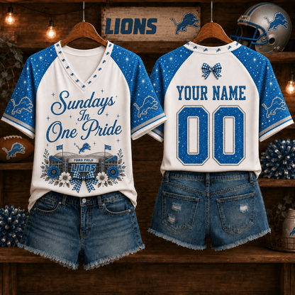 EXCLUSIVE EDITION - NEW CUSTOMIZED NFL04 DTL DETROIT LIONS V-NECK FEMALE SHIRT