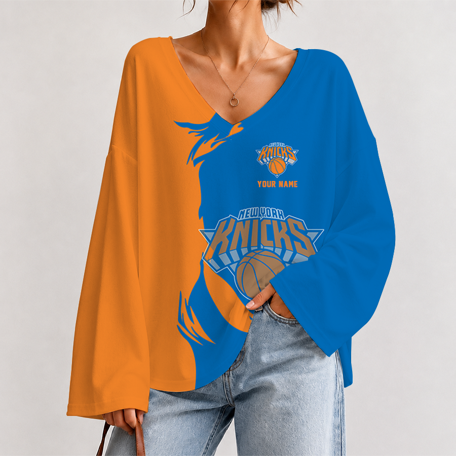 [HOT DEAL] NEW CUSTOMIZED NBA04 NYK NEW YORK KNICKS V-NECK LONG SLEEVED CROP TOP