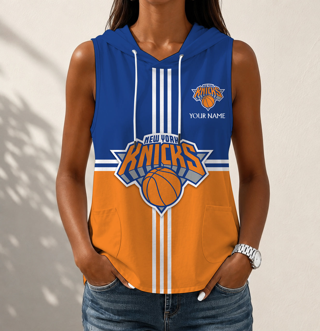 LIMITED EDITION - NEW CUSTOMIZED NBA04 NYK NEW YORK KNICKS WOMEN'S SLEEVELESS HOODED POCKET TANK TOP