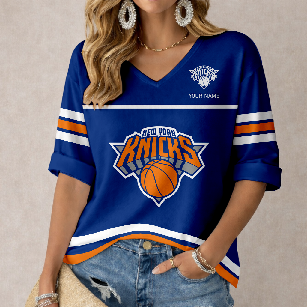 LIMITED EDITION - NEW CUSTOMIZED NBA04 NYK NEW YORK KNICKS WOMEN'S HEART V-NECK LONG SLEEVE SHIRT