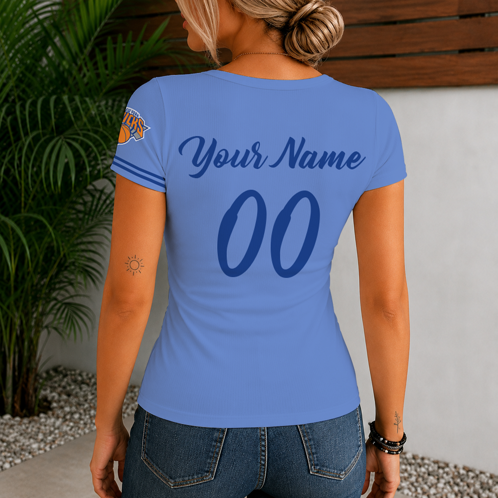 [HOT DEAL] NEW CUSTOMIZED NBA04 NYK NEW YORK KNICKS  WOMEN'S SHORT SLEEVE HENLEY T-SHIRT