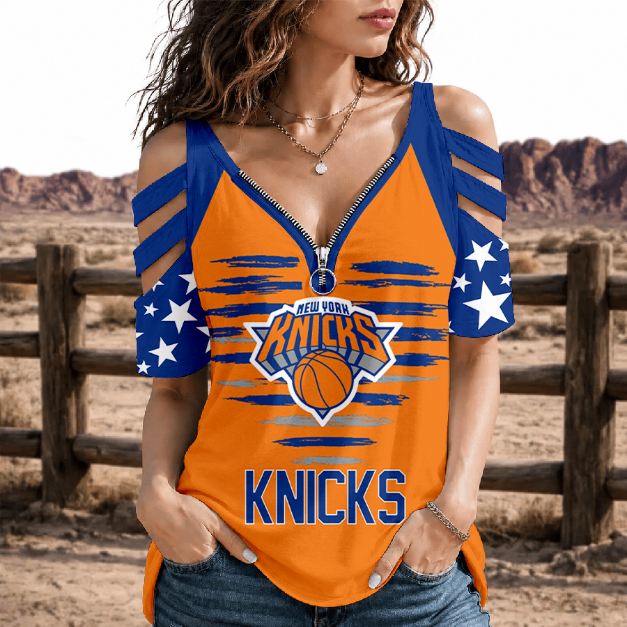 [HOT DEAL] NEW CUSTOMIZED NBA04 NYK NEW YORK KNICKS STRAPPY COLD-SHOULDER TOP