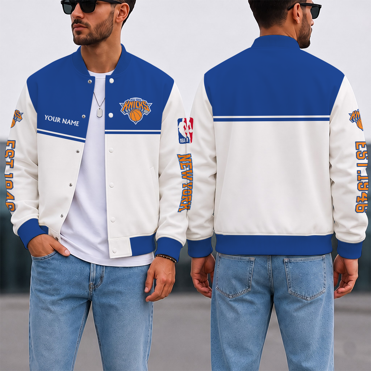 LIMITED EDITION - NEW CUSTOMIZED NBA04 NYK NEW YORK KNICKS BASEBALL JACKET, SATIN VARSITY JACKET