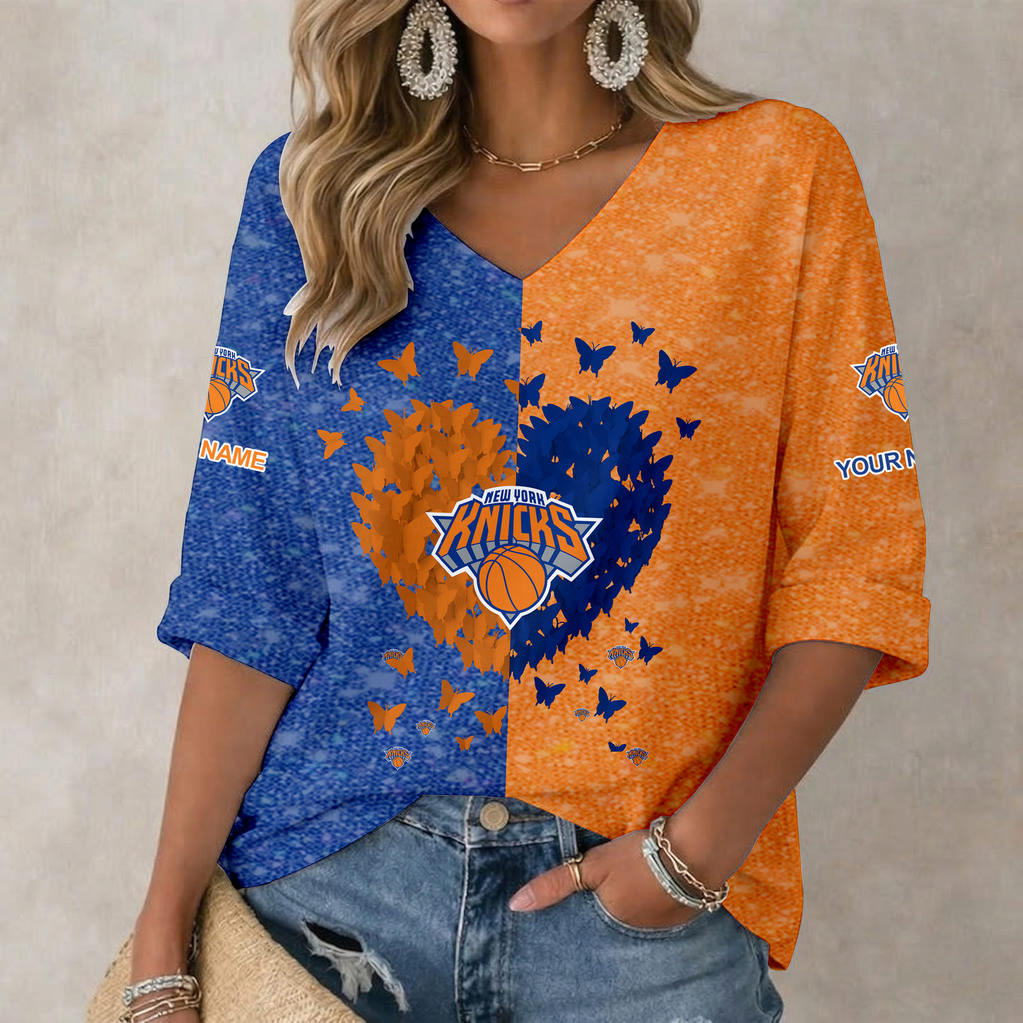 LIMITED EDITION - NEW CUSTOMIZED NBA04 NYK NEW YORK KNICKS WOMEN'S HEART V-NECK LONG SLEEVE SHIRT