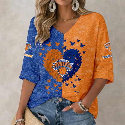 LIMITED EDITION - NEW CUSTOMIZED NBA04 NYK NEW YORK KNICKS WOMEN'S HEART V-NECK LONG SLEEVE SHIRT