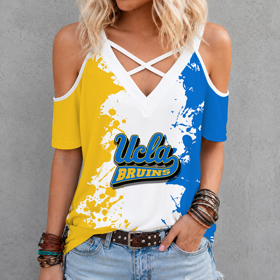 [FAN FAVORITE] NEW CUSTOMIZED NCAA MAM04 UCB UCLA BRUINS CRISS CROSS V-NECK TOP