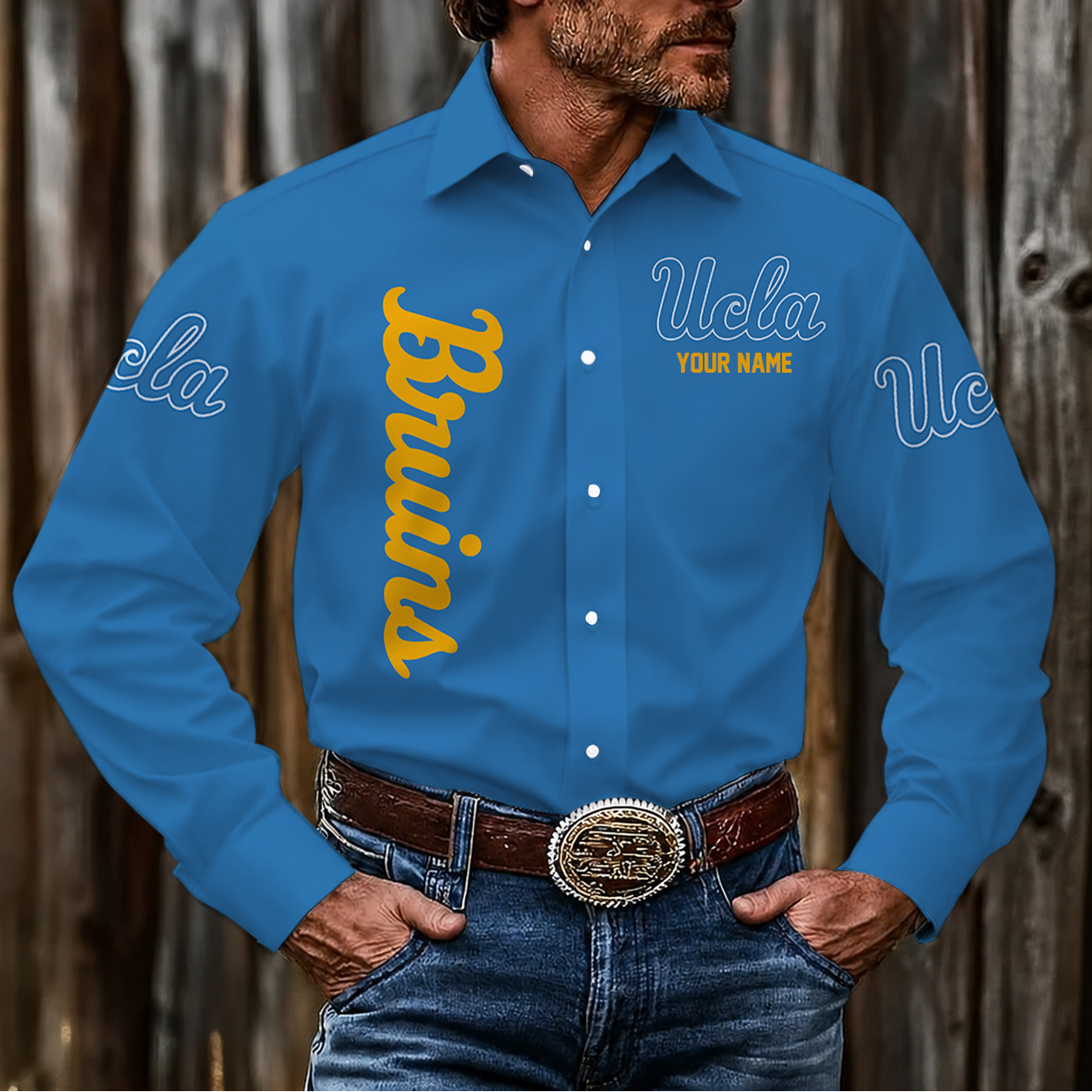 EXCLUSIVE EDITION - NEW CUSTOMIZED NCAA MAM04 UCB UCLA BRUINS MEN'S LONG SLEEVE BUTTON-UP SHIRT