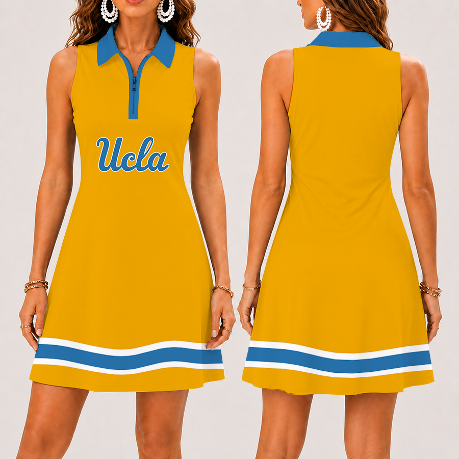 [FAN FAVORITE] NEW CUSTOMIZED NCAA MAM04 UCB UCLA BRUINS STRAPPY WOMEN'S ZIP SLEEVELESS POLO DRESS