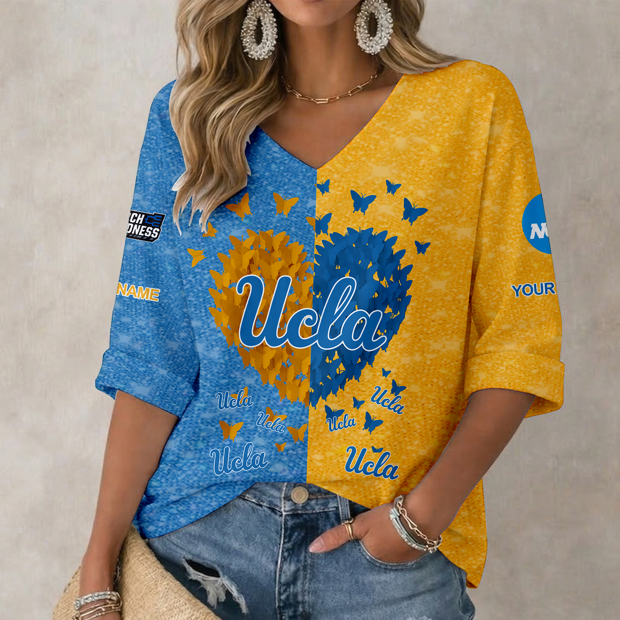LIMITED EDITION - NEW CUSTOMIZED NCAA MAM04 UCB UCLA BRUINS WOMEN'S HEART V-NECK LONG SLEEVE SHIRT