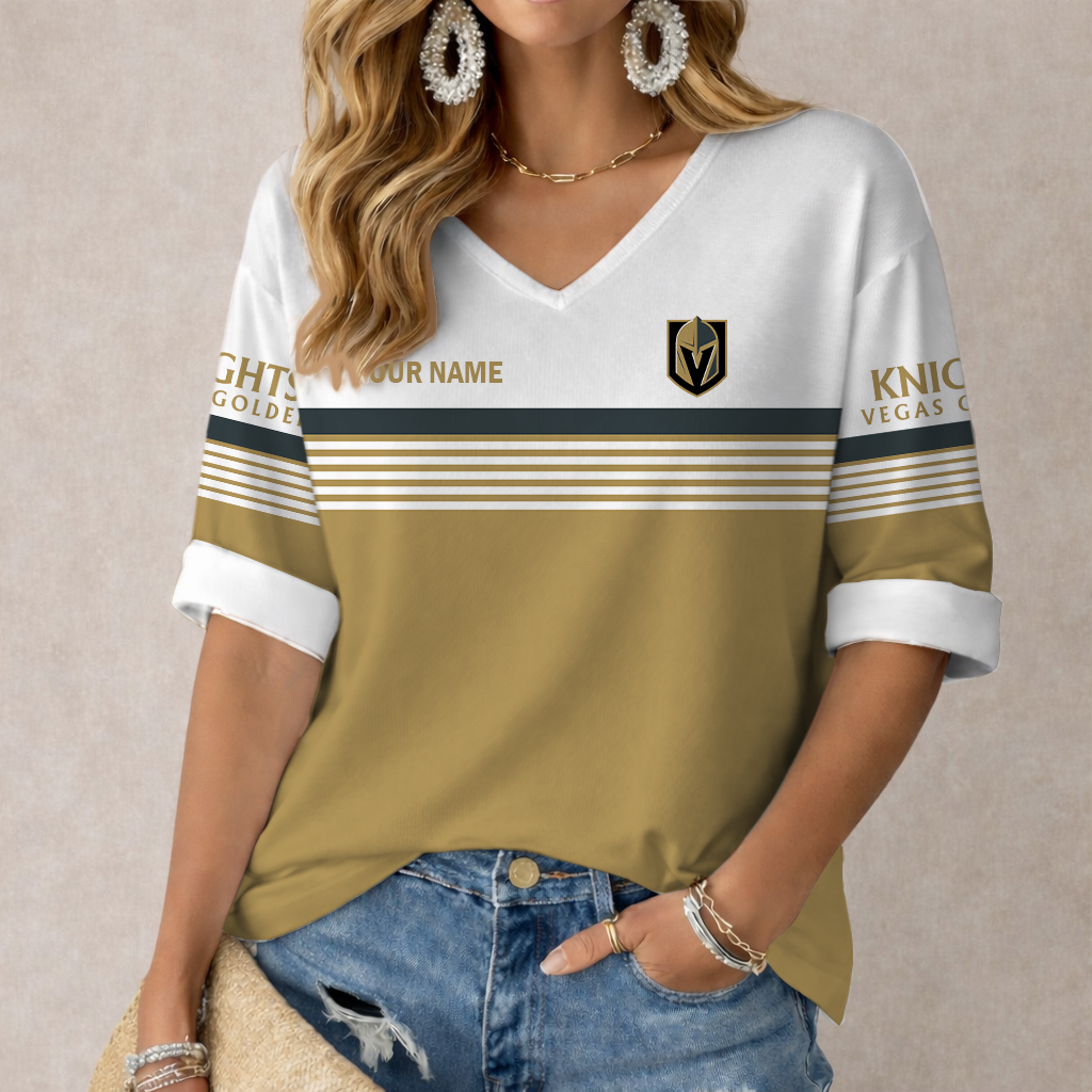 SPECIAL EDITION - NEW CUSTOMIZED NHL04 VGK VEGAS GOLDEN KNIGHTS WOMEN'S HEART V-NECK LONG SLEEVE SHIRT