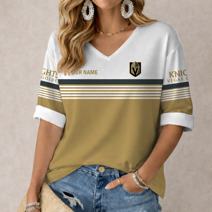 SPECIAL EDITION - NEW CUSTOMIZED NHL04 VGK VEGAS GOLDEN KNIGHTS WOMEN'S HEART V-NECK LONG SLEEVE SHIRT