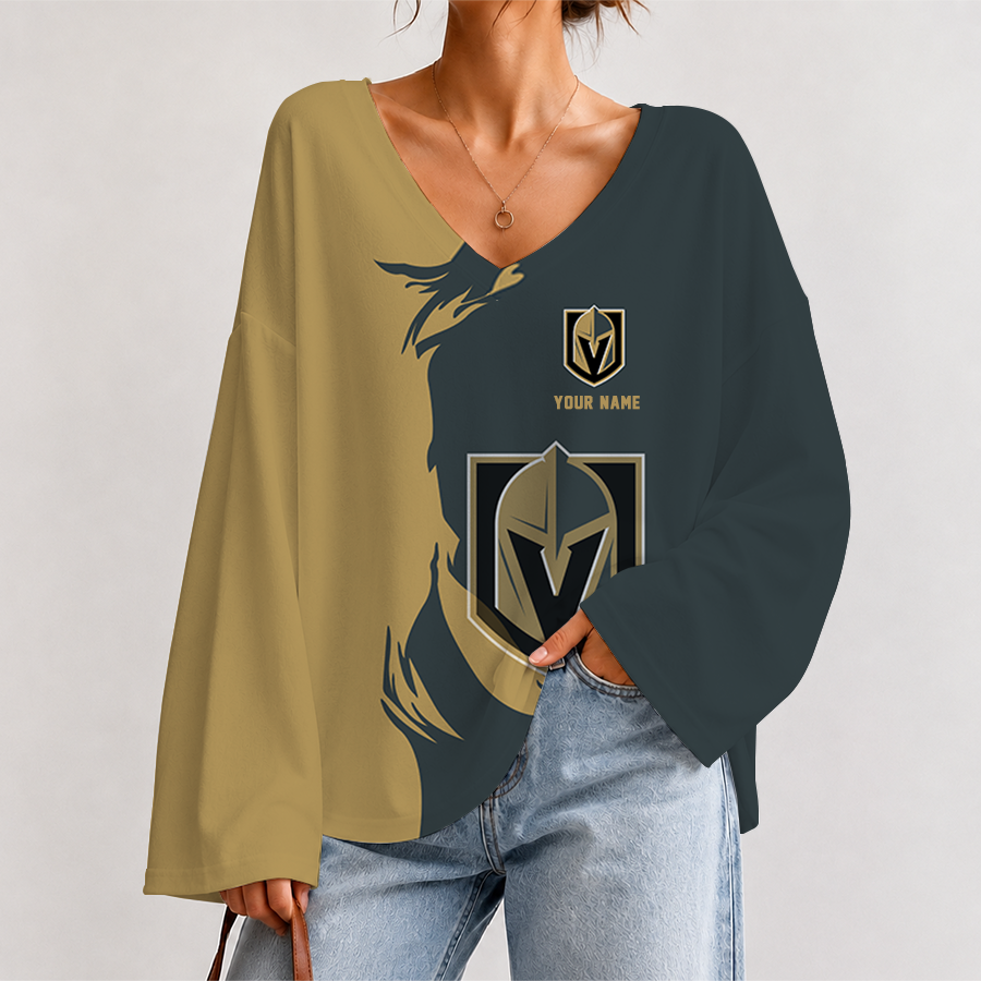 [SUPER SALE] NEW CUSTOMIZED NHL04 VGK VEGAS GOLDEN KNIGHTS V-NECK LONG SLEEVED CROP TOP
