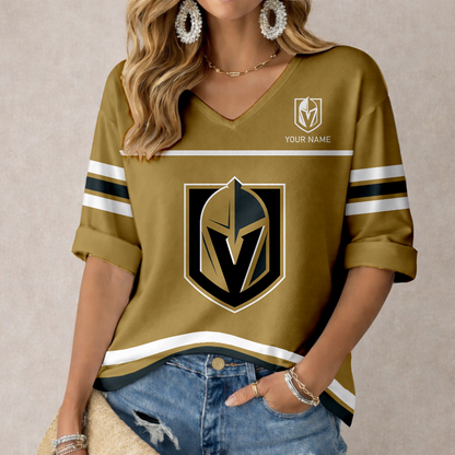 LIMITED EDITION - NEW CUSTOMIZED NHL04 VGK VEGAS GOLDEN KNIGHTS WOMEN'S HEART V-NECK LONG SLEEVE SHIRT