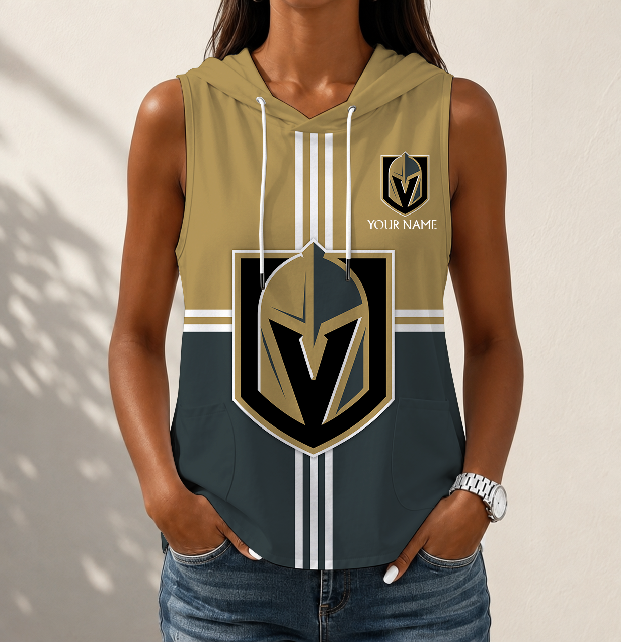VIRAL EDITION - NEW CUSTOMIZED NHL04 VGK VEGAS GOLDEN KNIGHTS WOMEN'S SLEEVELESS HOODED POCKET TANK TOP