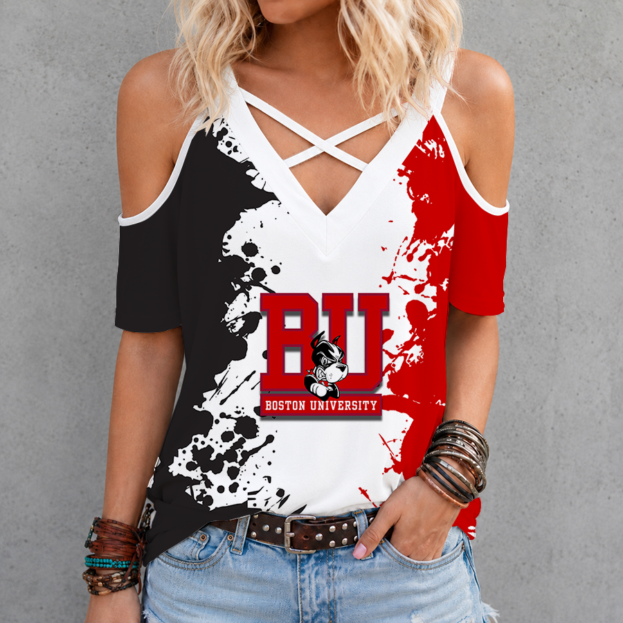 [FAN FAVORITE] NEW CUSTOMIZED NCAA MFF05 BUT BOSTON UNIVERSITY TERRIERS CRISS CROSS V-NECK TOP