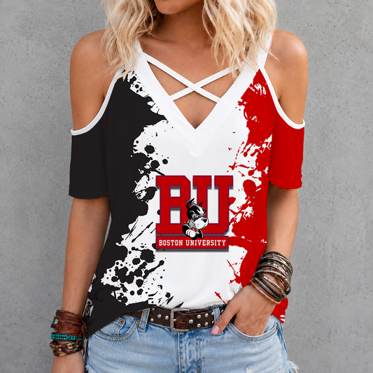 [FAN FAVORITE] NEW CUSTOMIZED NCAA MFF05 BUT BOSTON UNIVERSITY TERRIERS CRISS CROSS V-NECK TOP
