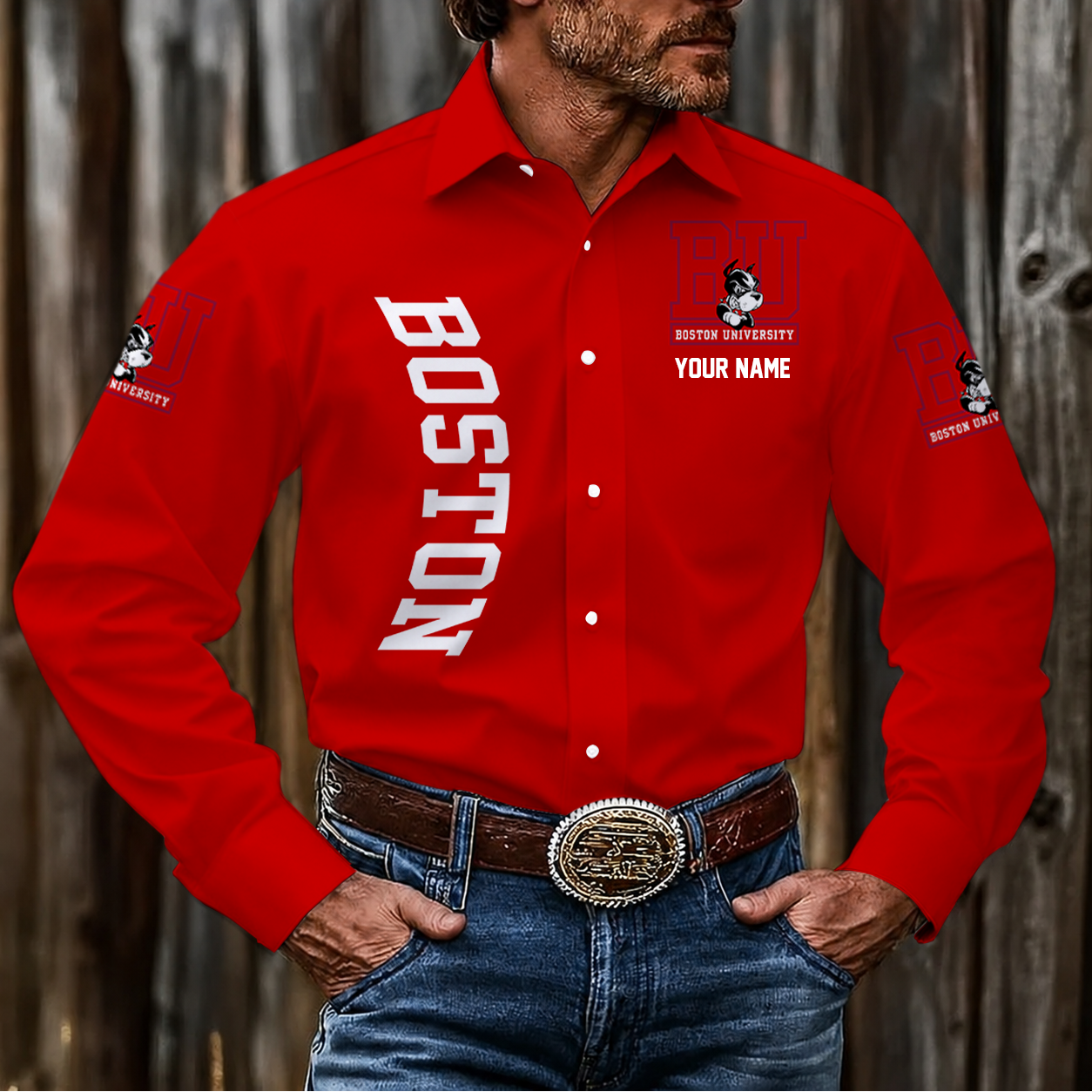 LIMITED EDITION - NEW CUSTOMIZED NCAA MFF05 BUT BOSTON UNIVERSITY TERRIERS MEN'S LONG SLEEVE BUTTON-UP SHIRT