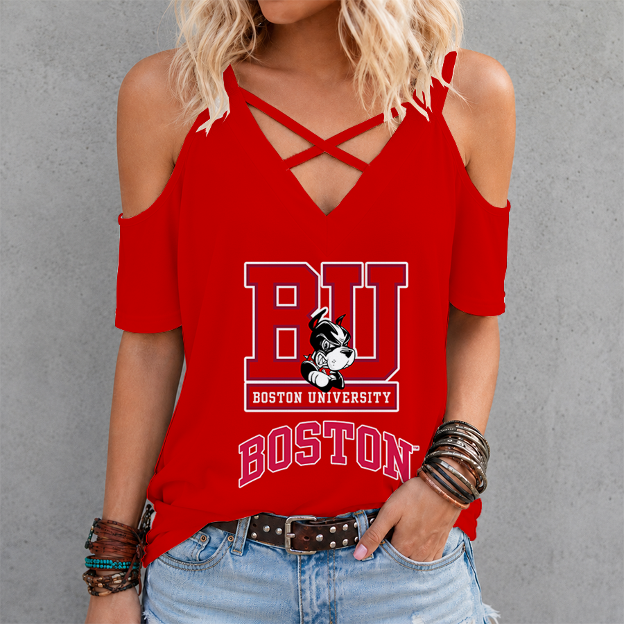 [FAN FAVORITE] NEW CUSTOMIZED NCAA MFF05 BUT BOSTON UNIVERSITY TERRIERS CRISS CROSS V-NECK TOP