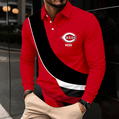 [FLASH SALE] NEW CUSTOMIZED MLB05 CRS CINCINNATI REDS MEN'S LONG SLEEVE POLO