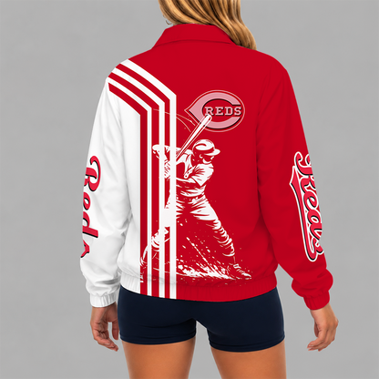 [FLASH SALE] NEW CUSTOMIZED MLB05 CRS CINCINNATI REDS V-NECK ZIPPER SWEATSHIRT JACKET