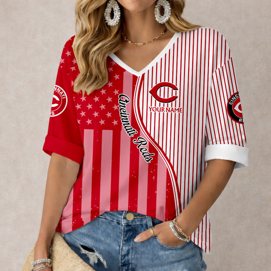 ELITE EDITION - NEW CUSTOMIZED MLB05 CRS CINCINNATI REDS WOMEN'S HEART V-NECK LONG SLEEVE SHIRT