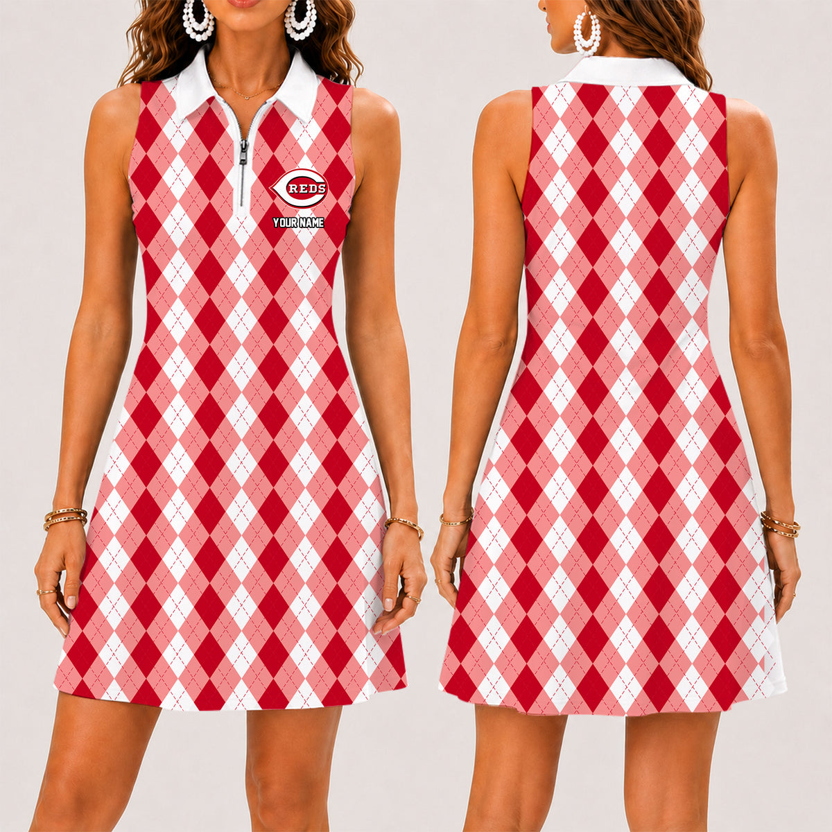 [FLASH SALE] NEW CUSTOMIZED MLB05 CRS CINCINNATI REDS WOMEN'S ZIP SLEEVELESS POLO DRESS