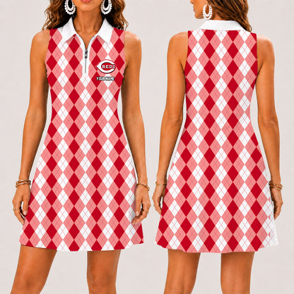 [FLASH SALE] NEW CUSTOMIZED MLB05 CRS CINCINNATI REDS WOMEN'S ZIP SLEEVELESS POLO DRESS
