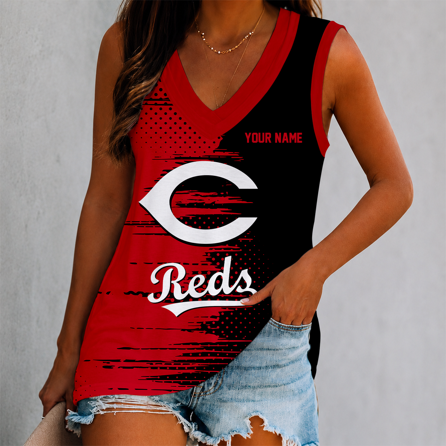 LIMITED EDITION - NEW CUSTOMIZED MLB05 CRS CINCINNATI REDS WOMEN'S V-NECK TANK TOP