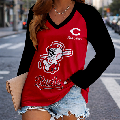 LIMITED EDITION - NEW CUSTOMIZED MLB05 CRS CINCINNATI REDS WOMEN'S V-NECK LONG SLEEVED SHIRT