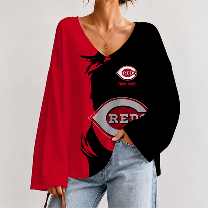 [FLASH SALE] NEW CUSTOMIZED MLB05 CRS CINCINNATI KHAKIS V-NECK LONG SLEEVED CROP TOP