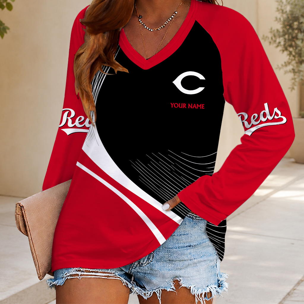 LIMITED EDITION - NEW CUSTOMIZED MLB05 CRS CINCINNATI REDS WOMEN'S V-NECK LONG SLEEVED SHIRT