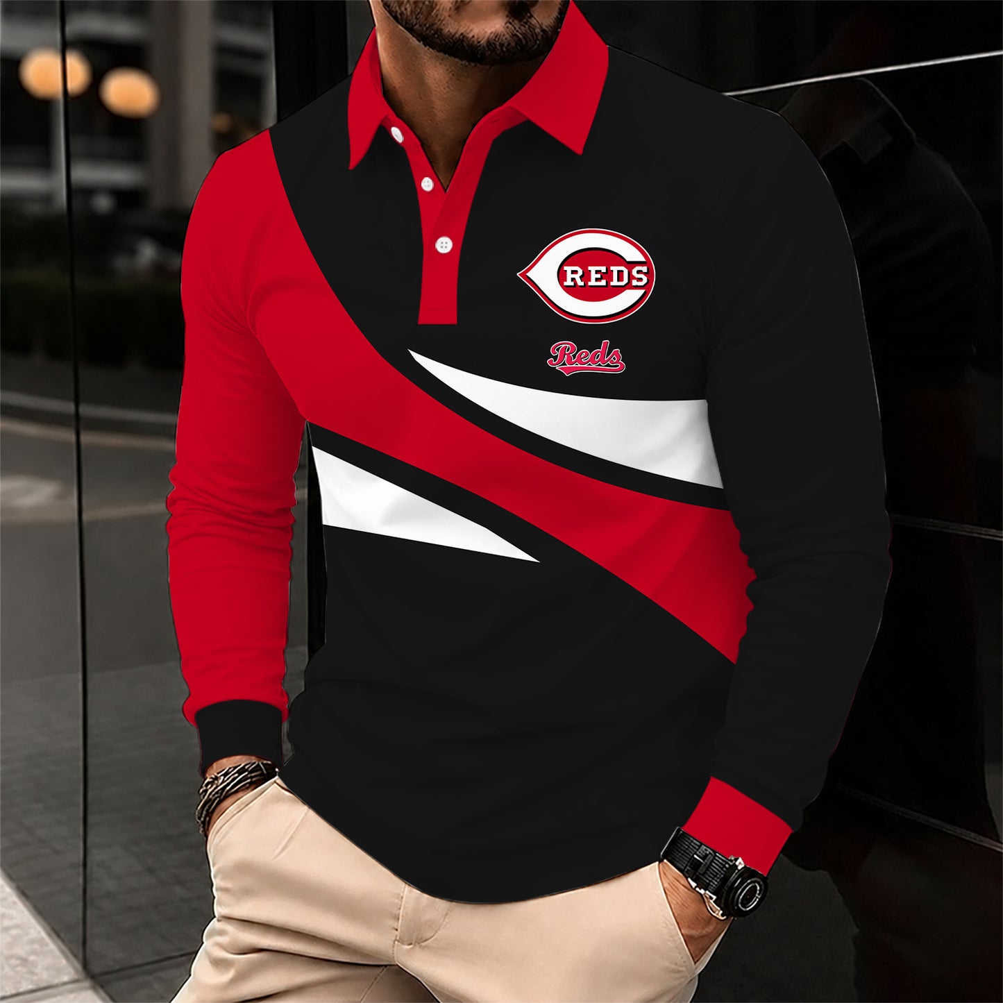[FLASH SALE] NEW CUSTOMIZED MLB05 CRS CINCINNATI REDS MEN'S LONG SLEEVE POLO