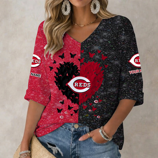 LIMITED EDITION - NEW CUSTOMIZED MLB05 CRS CINCINNATI REDS WOMEN'S HEART V-NECK LONG SLEEVE SHIRT