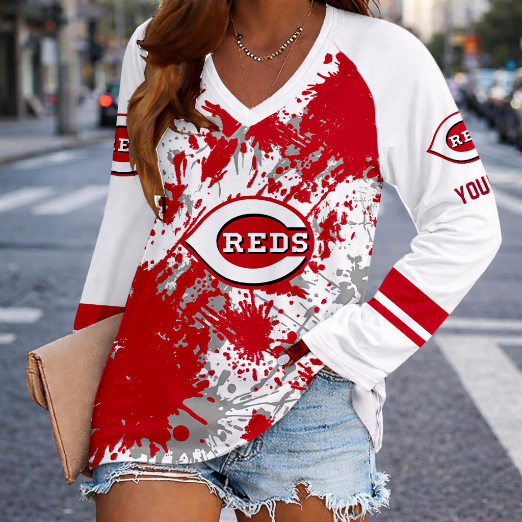 [FLASH SALE] NEW CUSTOMIZED MLB05 CRS CINCINNATI REDS WOMEN'S V-NECK LONG SLEEVED SHIRT