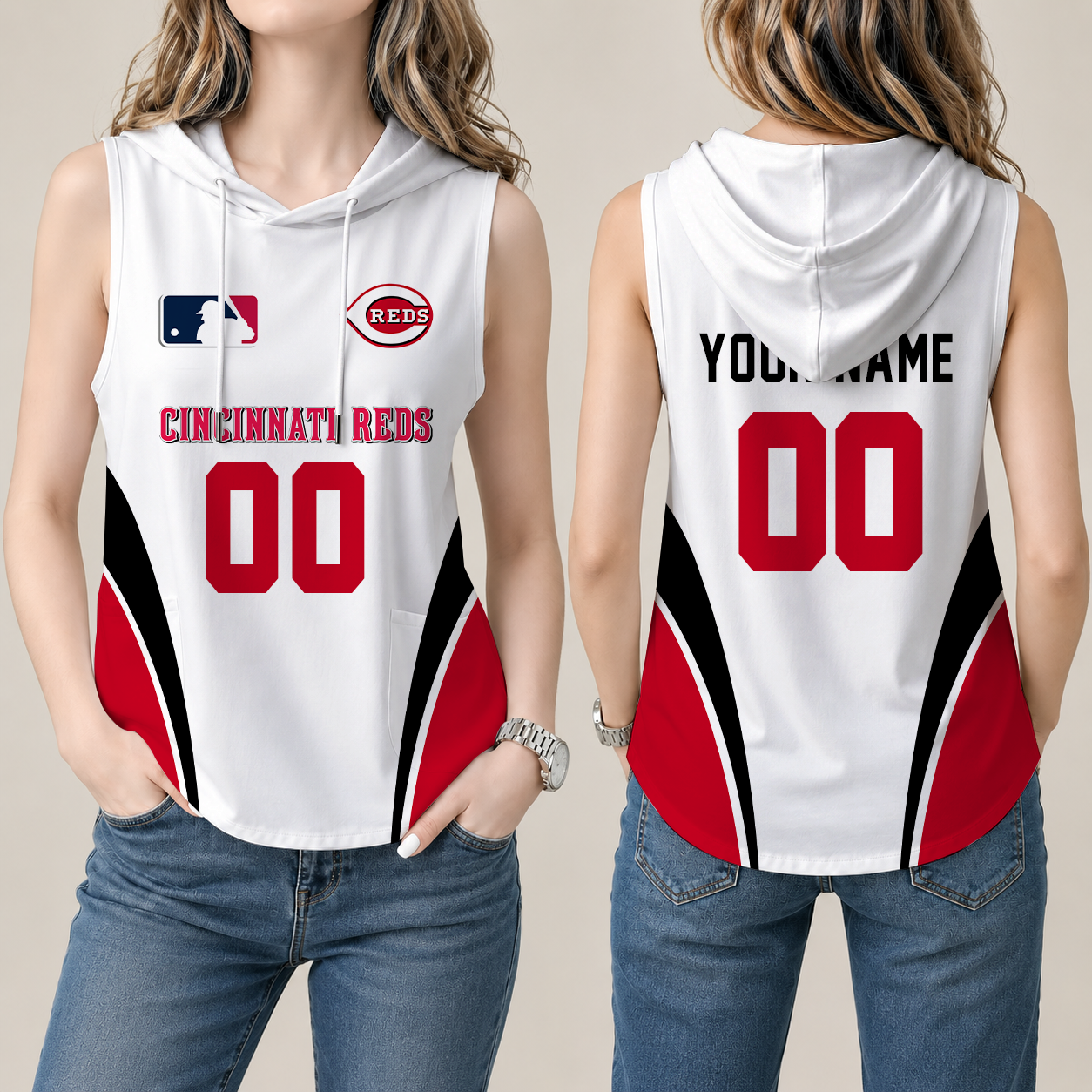[FLASH SALE] NEW CUSTOMIZED MLB05 CRS CINCINNATI REDS WOMEN'S SLEEVELESS HOODED POCKET TANK TOP
