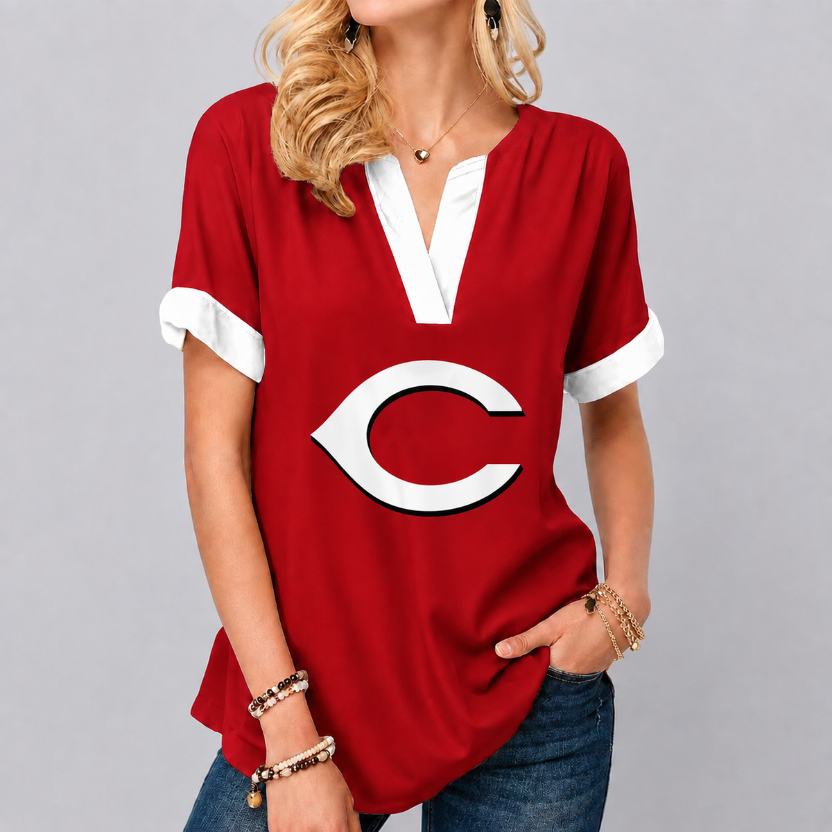 LIMITED EDITION - NEW CUSTOMIZED MLB05 CRS CINCINNATI REDS V-NECK FEMALE SHIRT