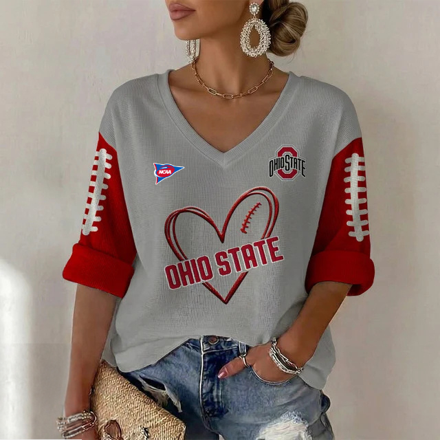 ELITE EDITION - NEW CUSTOMIZED NCAA FBS05 OSB OHIO STATE BUCKEYES WOMEN'S HEART V-NECK LONG SLEEVE SHIRT