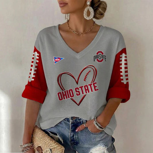 ELITE EDITION - NEW CUSTOMIZED NCAA FBS05 OSB OHIO STATE BUCKEYES WOMEN'S HEART V-NECK LONG SLEEVE SHIRT