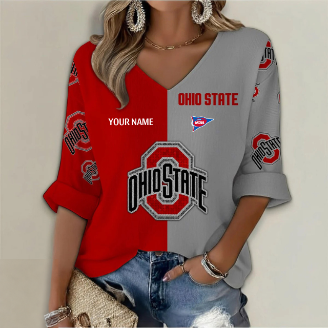 ELITE EDITION - NEW CUSTOMIZED NCAA FBS05 OSB OHIO STATE BUCKEYES WOMEN'S HEART V-NECK LONG SLEEVE SHIRT
