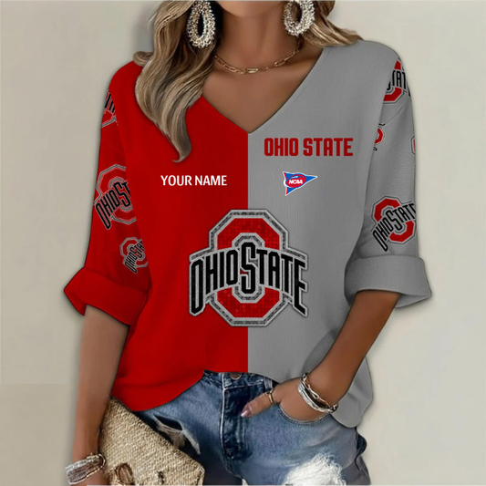 ELITE EDITION - NEW CUSTOMIZED NCAA FBS05 OSB OHIO STATE BUCKEYES WOMEN'S HEART V-NECK LONG SLEEVE SHIRT