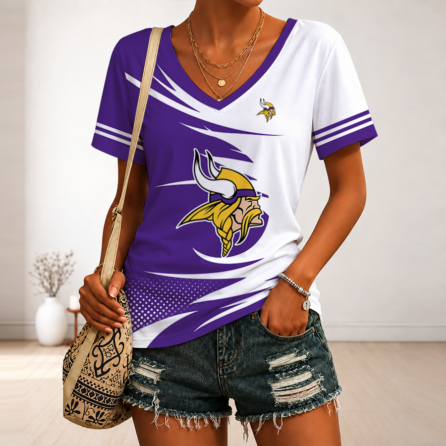 [SPECIAL OFFER] NEW CUSTOMIZED NFL05 MVK MINNESOTA VIKINGS V-NECK FEMALE SHIRT